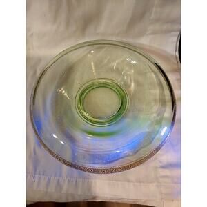 Large Vintage Green Uranium Glass Console Bowl Rolled Edge Gold Trim